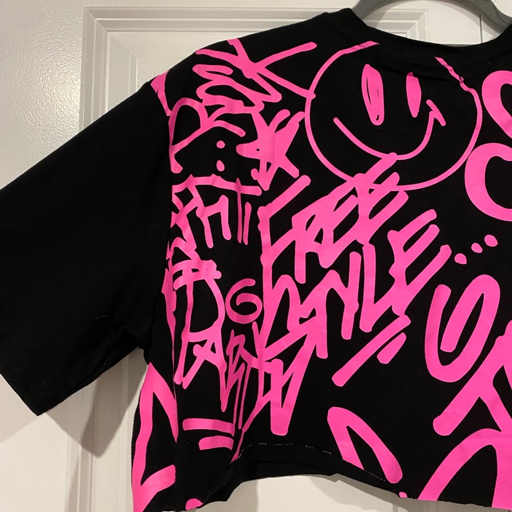 NWT Adika Black Crop Top with Neon Pink Writing